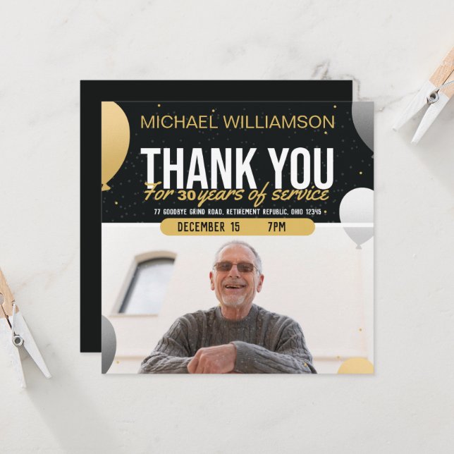 Golden Balloon Retirement Party Photo Invitation (Fram/Back In Situ)