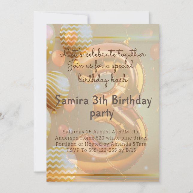 "Golden Balloons 3rd Birthday Bash!" Inbjudan (Framsida)