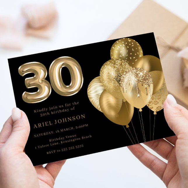 Golden Balloons Black 30års födelsedag Party Inbjudningar (Skapare uppladdad)