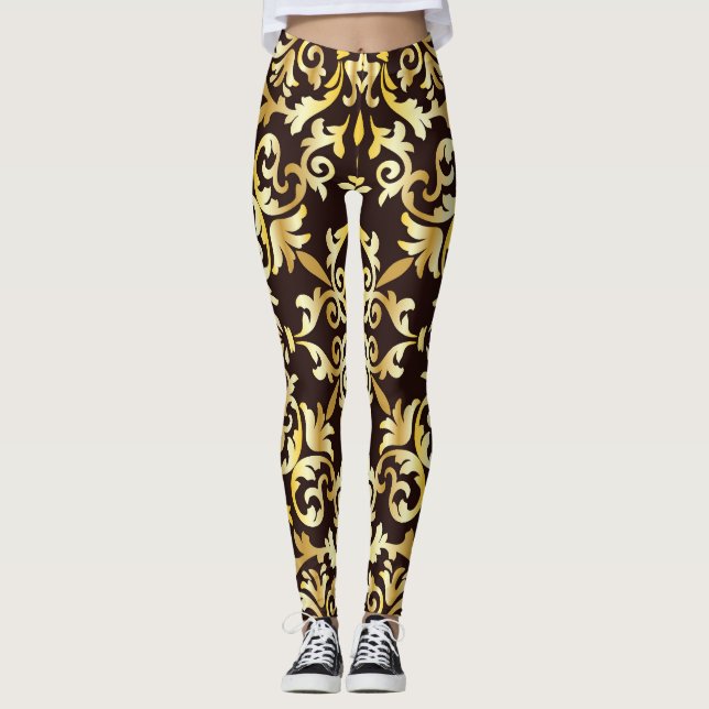 Golden Baroque Black Seamless Mönster Leggings (Framsida)
