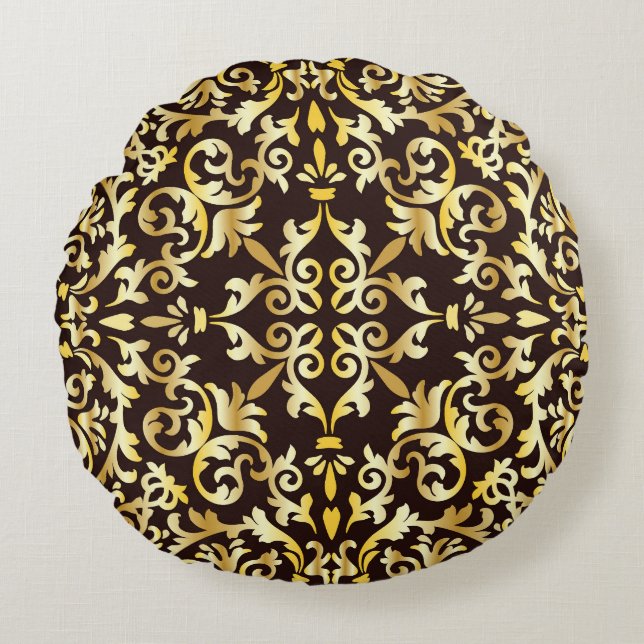 Golden Baroque Black Seamless Mönster Rund Kudde (Framsidan)
