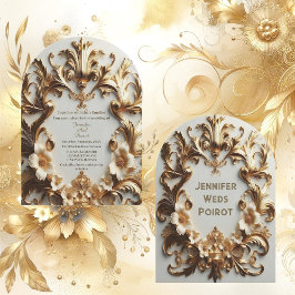 Golden Baroque Grandeur White Flower Swirl Arched Inbjudningar