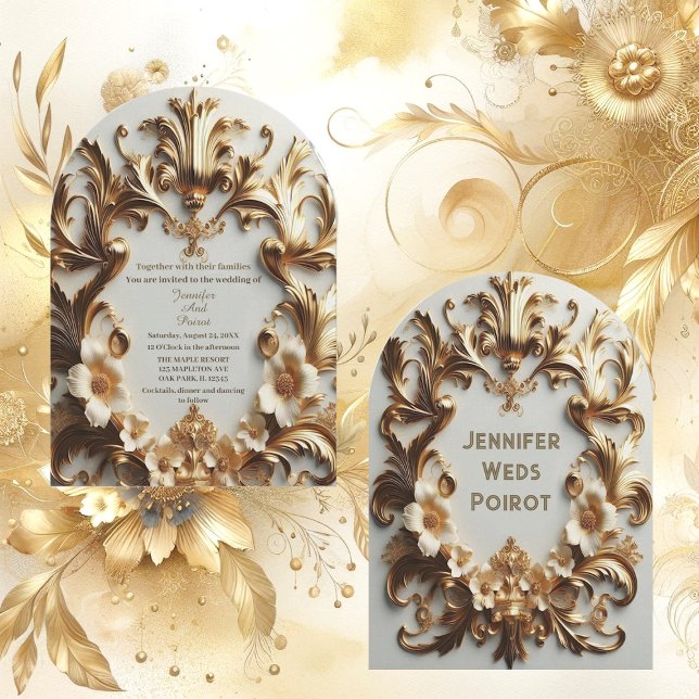 Golden Baroque Grandeur White Flower Swirl Arched Inbjudningar (Golden Baroque Grandeur White Flower Swirl Arched Invitation)