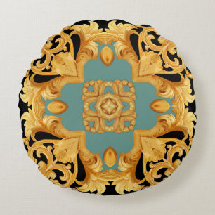 Golden Baroque Ornament 3D Inslag Rund Kudde