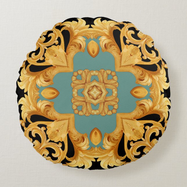 Golden Baroque Ornament 3D Inslag Rund Kudde (Framsidan)