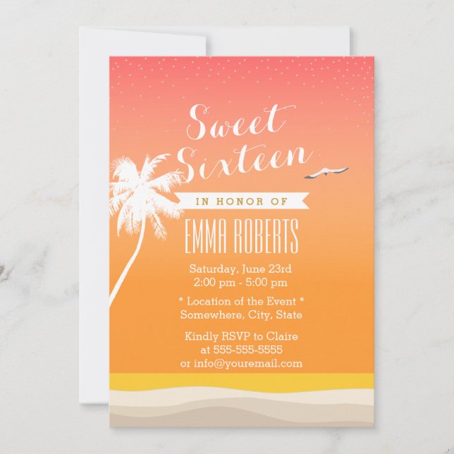 Golden Beach Elegant Sweet 16 Inbjudningar (Framsida)