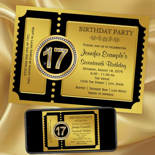 Golden Biljett 17:e Födelsedagsfest inbjudan (17th birthday party invitation. Available in digital download and printed invitations.)