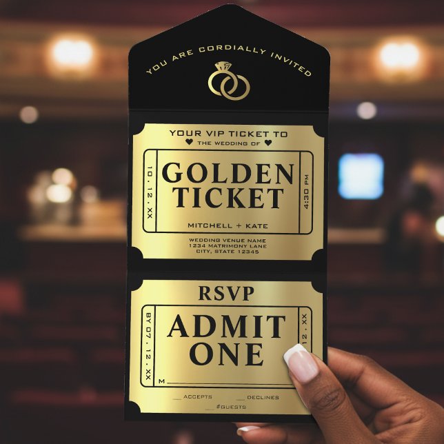 Golden Biljett Black och Guld Bröllop (Golden Ticket Black & Gold Wedding All In One Invitation
)