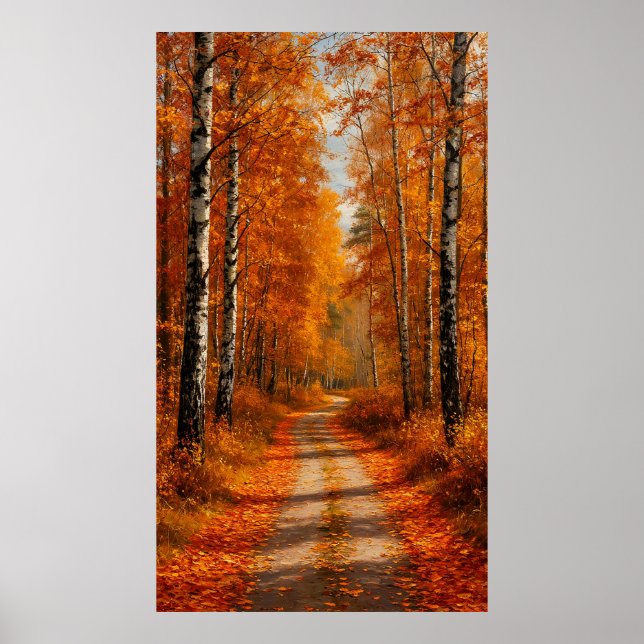 🍂 Golden Birch Forest Path in Soft Autumn Light ✨ Poster (Framsidan)