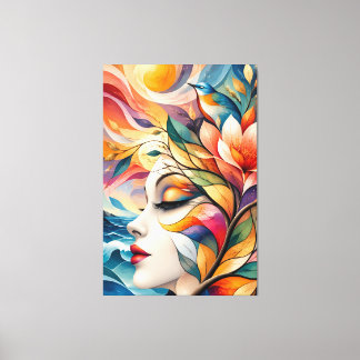 Golden Bird and Flower Woman Art Canvastryck