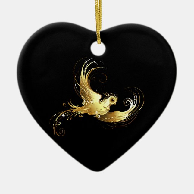 Golden Bird on Black Background Julgransprydnad Keramik (Framsidan)