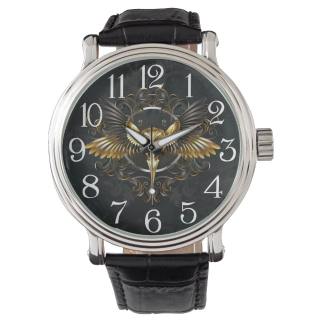 Golden Bird Skull på svart bakgrund Armbandsur (Framsida)