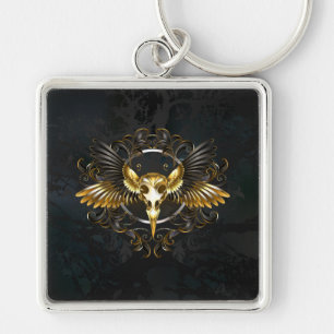 Golden Bird Skull på svart bakgrund Fyrkantig Silverfärgad Nyckelring