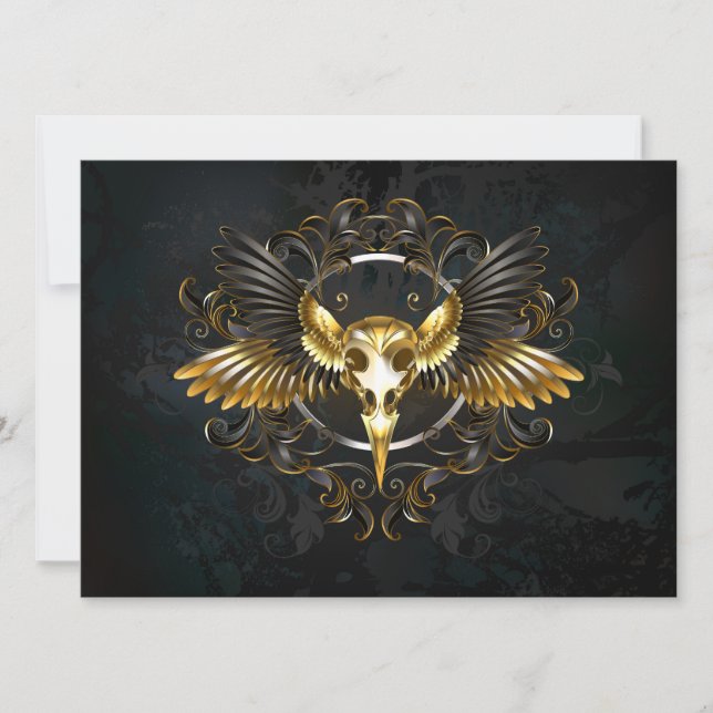 Golden Bird Skull på svart bakgrund Julkort (Framsida)
