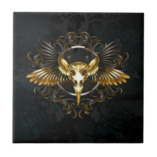 Golden Bird Skull på svart bakgrund Kakelplatta