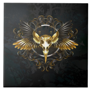 Golden Bird Skull på svart bakgrund Kakelplatta