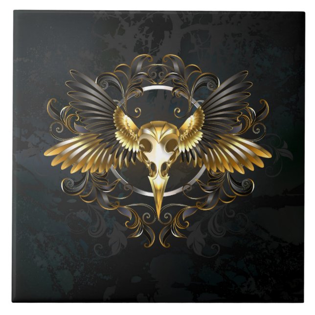 Golden Bird Skull på svart bakgrund Kakelplatta (Framsidan)