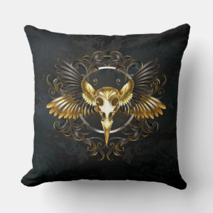 Golden Bird Skull på svart bakgrund Kudde