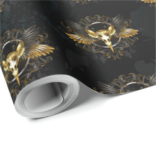 Golden Bird Skull på svart bakgrund Presentpapper