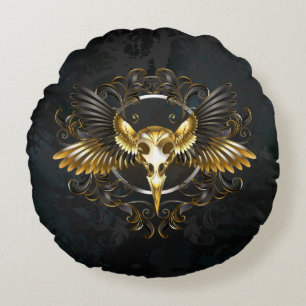 Golden Bird Skull på svart bakgrund Rund Kudde