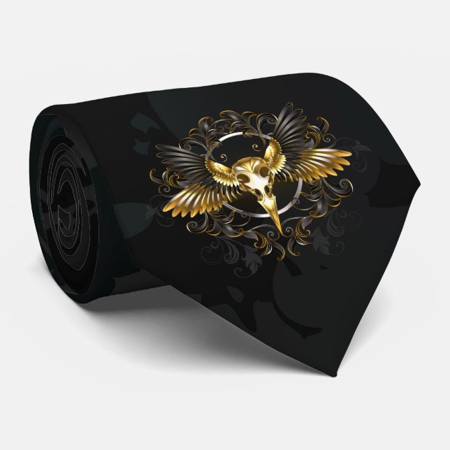 Golden Bird Skull på svart bakgrund Slips (Rullad)