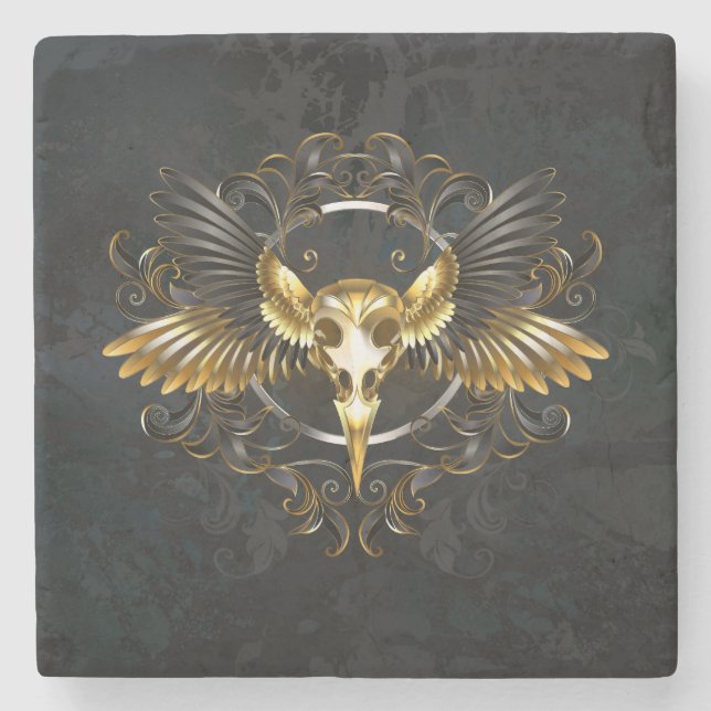 Golden Bird Skull på svart bakgrund Stenunderlägg (Framsidan)