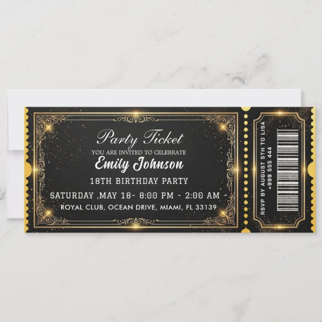 Golden Birthday Party Ticket Invitation 2026 Inbjudningar (Framsida)