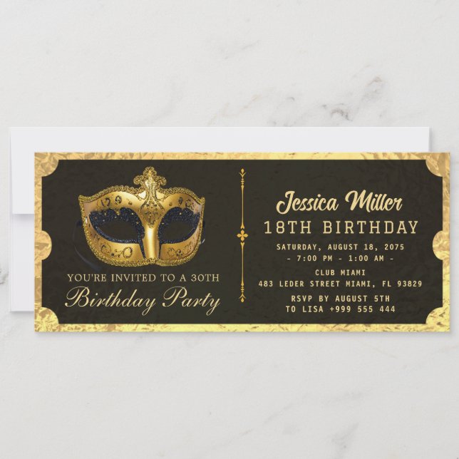 Golden birthday Party Ticket Invitation Inbjudningar (Framsida)