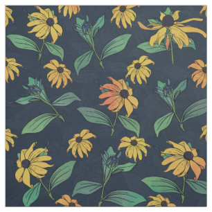 Golden Black Eyed Daisy Flowers Mörk blått desig Tyg