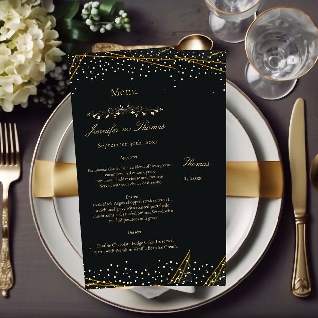Golden Black Glitter Confetti Bröllop Menu Meny (Skapare uppladdad)
