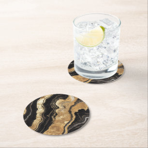Golden Black Marble Mönster Underlägg Papper Rund