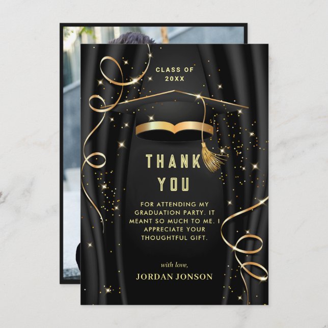 Golden Black Modern Studenten PHOTO Tack Kort (Fram/baksida)