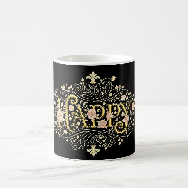 Golden Bliss: Elegant Floral Happy Kaffemugg (Center)