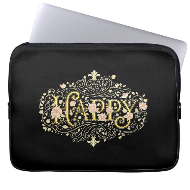 Golden Bliss: Elegant Floral Happy Laptop Fodral (Framsidan)
