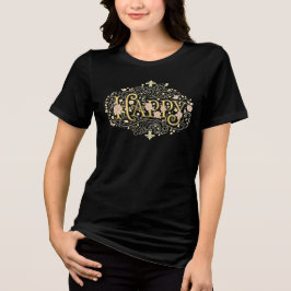 Golden Bliss: Elegant Floral Happy T Shirt