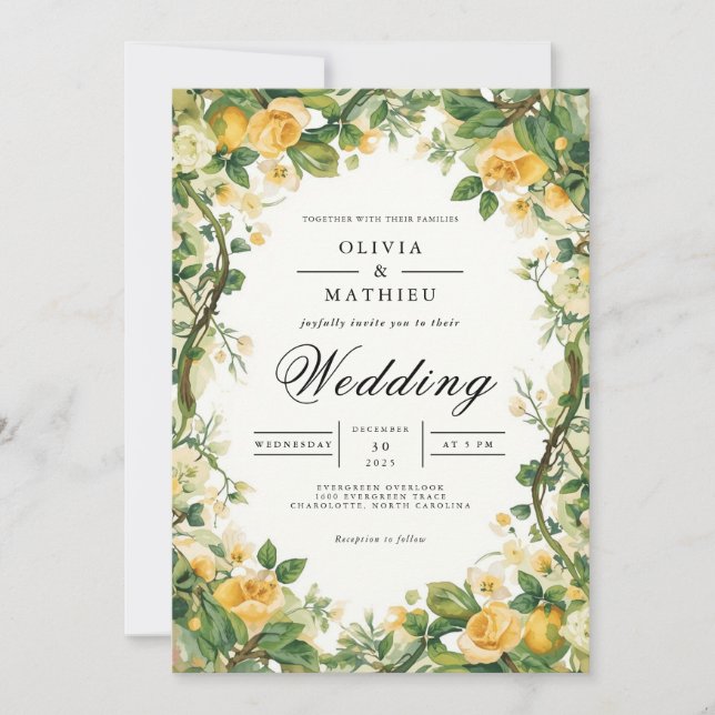 Golden Blommar Arch Blommigt Bröllop Inbjudningar (Framsida)