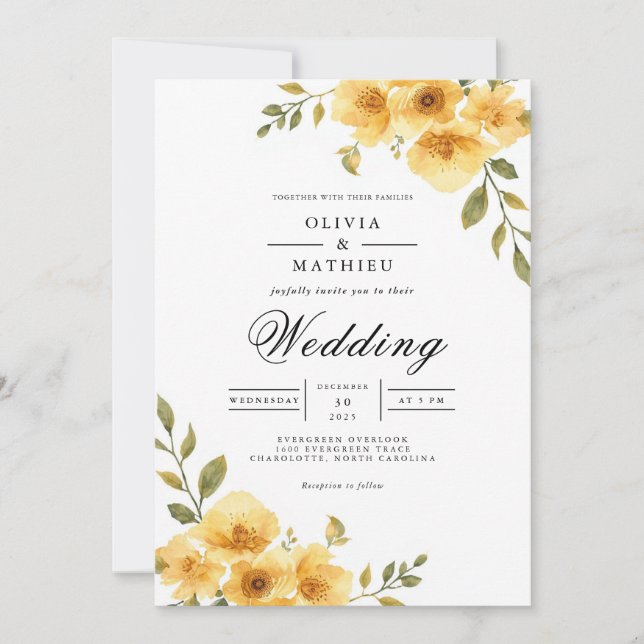 Golden Blommigt Arch Romantik Bröllop Inbjudningar (Framsida)