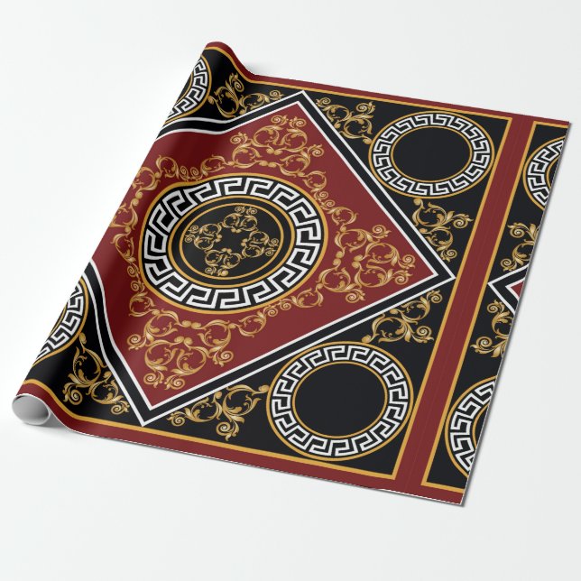 Golden blommigt baroque inslag med grekiska motiv  presentpapper (Utrullad)