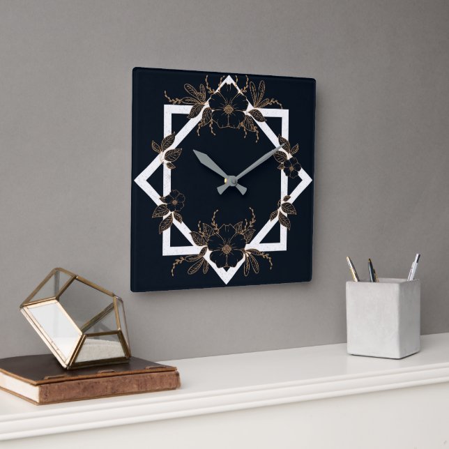 Golden Blommigt Black Elegant Mönster Fyrkantig Klocka (Kontor)