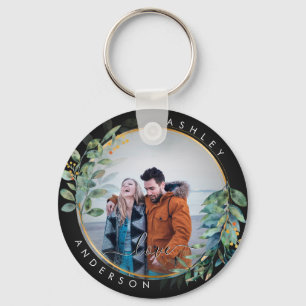 Golden Blommigt botanisk Grönt par vattenfärg Nyckelring