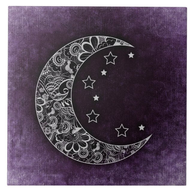 Golden Blommigt Crescent Måne och Stars på Lila Kakelplatta (Framsidan)