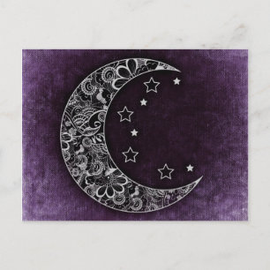 Golden Blommigt Crescent Måne och Stars på Lila Vykort