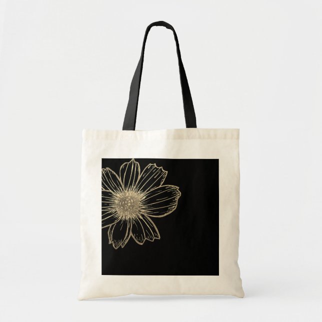 Golden Blommigt design Black and white Tote Bag Tygkasse (Framsidan)