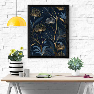 Golden Blommigt Dreams - Navy Blue & Guld Art Poster