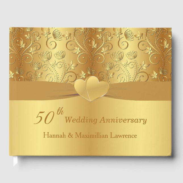Golden Blommigt Hearts 50:e Bröllop-årsdagen Gästböcker (Framsida)