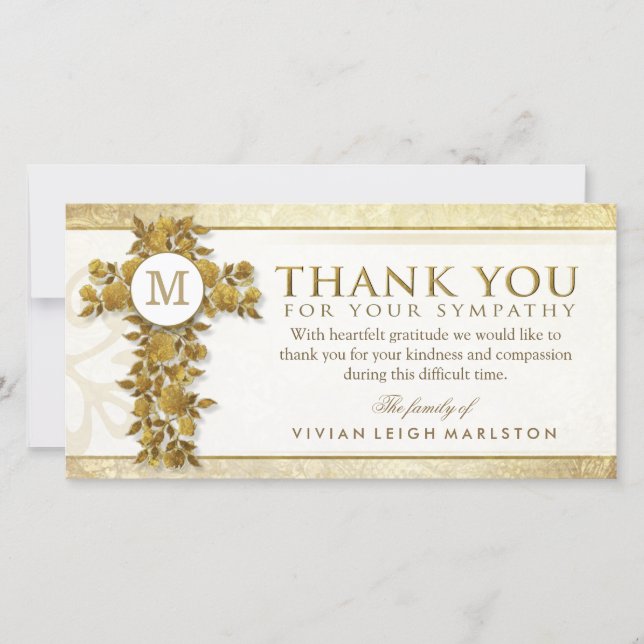 Golden Blommigt Kor Monogram Tack Sympati Kort (Framsida)