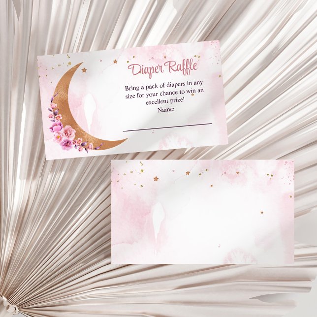 Golden Blommigt Måne Diaper Raffle Tilläggskort (Golden Floral Moon Diaper Raffle Enclosure Card on a white dry palm leaf.)