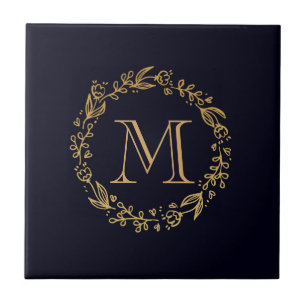 Golden Blommigt Monogram Kakelplatta