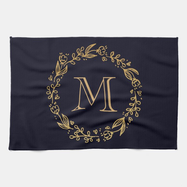Golden Blommigt Monogram Kökshandduk (Horisontell)