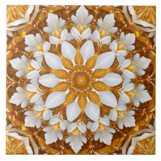 Golden Blommigt Snowflake Kaleidoscope Kakelplatta